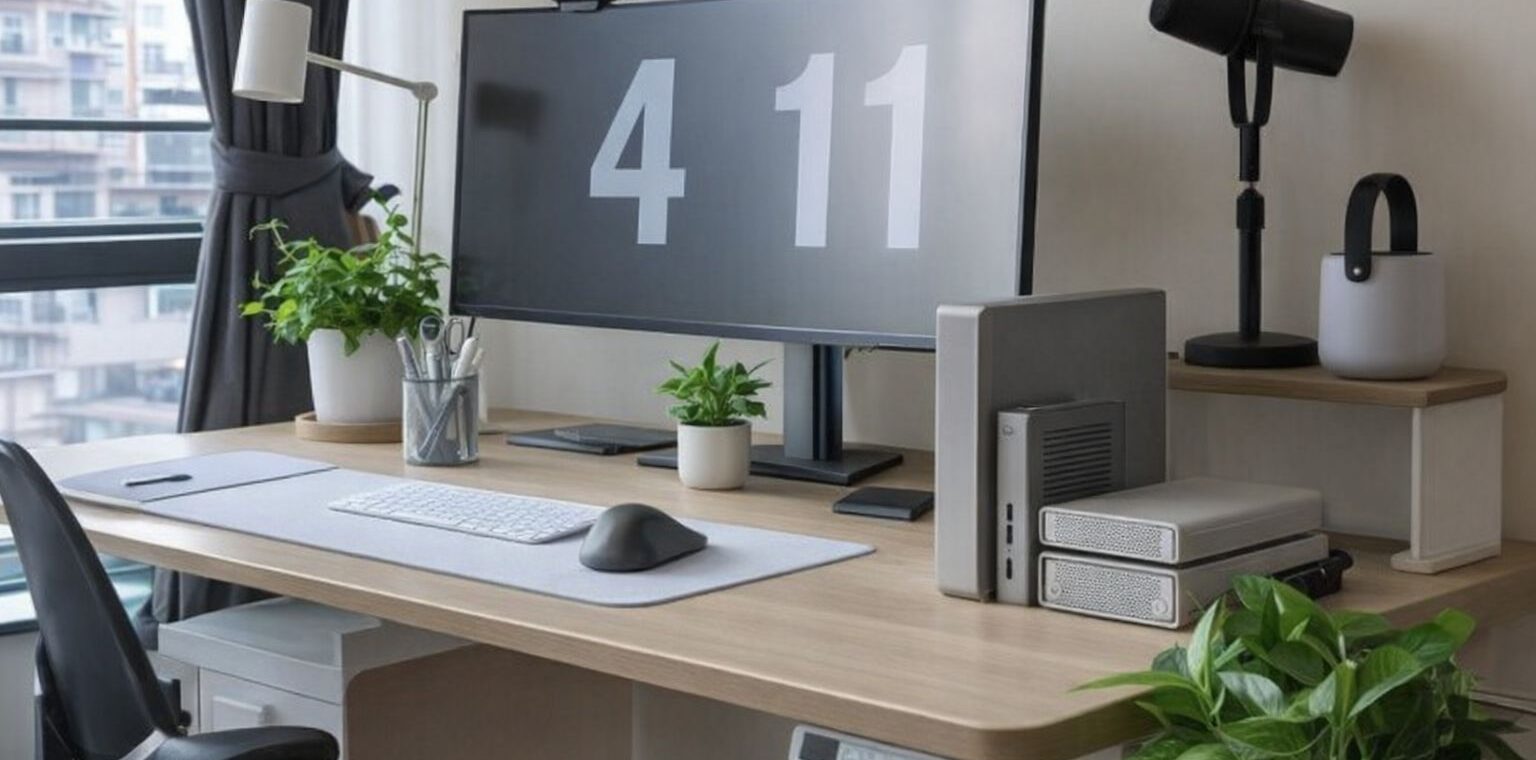 Ett välorganiserat skrivbord med en stor välvd datorskärm och gröna växter.