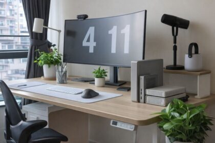 Ett välorganiserat skrivbord med en stor välvd datorskärm och gröna växter.