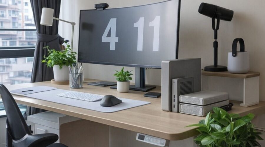 Ett välorganiserat skrivbord med en stor välvd datorskärm och gröna växter.