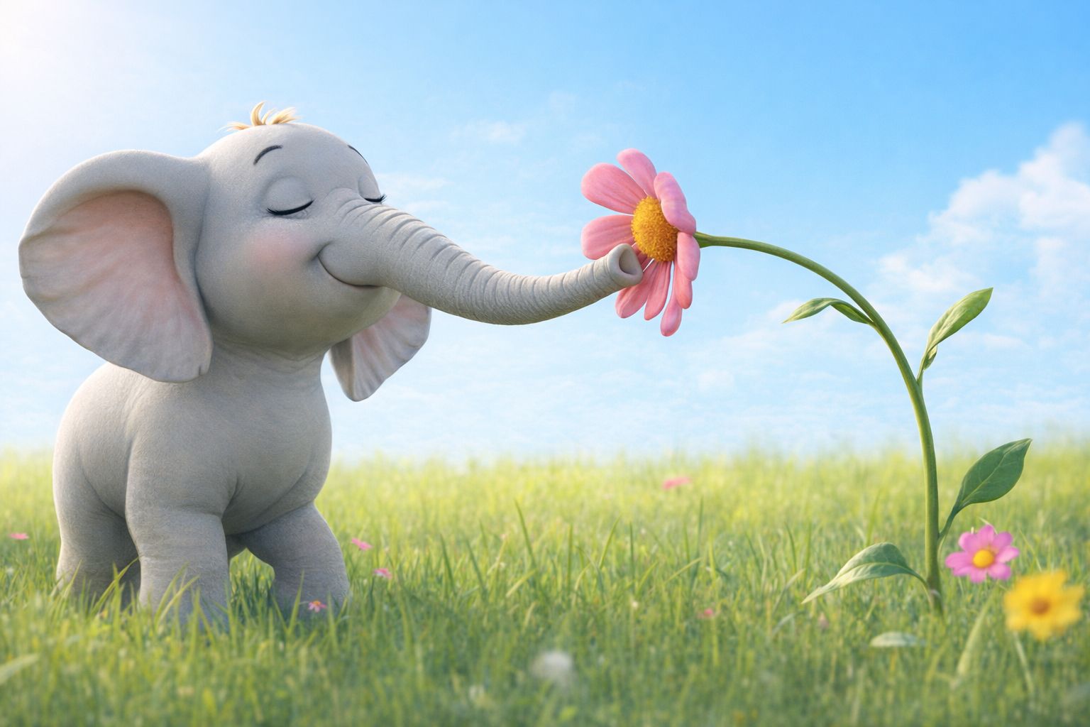 En animerad liten elefant som lugnt doftar på en rosa blomma i en solig gräsmatta.
